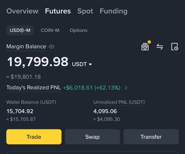 A Binance Futures 'Overview' tab displaying a margin balance of 19,799.98 USDT, today's realized PNL of +$6,018.61 (+62.13%), a wallet balance of 15,704.92 USDT, and unrealized PNL of 4,095.06 USDT.