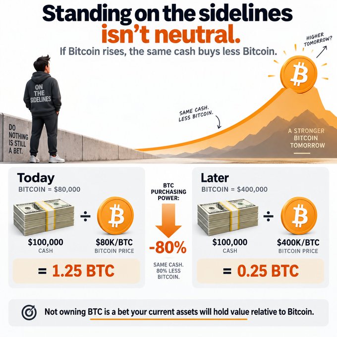 An infographic titled 'Standing on the sidelines isn't neutral' explaining Bitcoin purchasing power loss, showing $100,000 cash buying 1.25 BTC at $80,000/BTC today versus only 0.25 BTC at $400,000/BTC later.