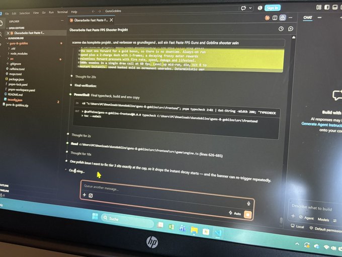 A laptop screen showing a GitHub Codespaces terminal working on the "GunsAndGoblins" Unity shooter project, with prompts referencing an "Unreachable Fast Paste FPS" and "build/publish/linux/x64/resolve_runnable_guns" files, demonstrating hands-on game development on the Internet Computer ecosystem ($ICP).