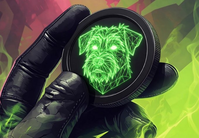 A gloved hand holds a circular device displaying a glowing green wireframe of a dog's face, symbolizing the shift from cat-themed to dog-themed meme coins on Robinhood as referenced in the post. The neon green digital aesthetic reinforces the "positioning" language used by traders anticipating the coin rotation.