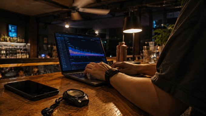 A person working on a laptop showing what appears to be a code or data visualization on screen, sitting at a wooden bar table with a phone and headphones nearby in a dimly lit setting.