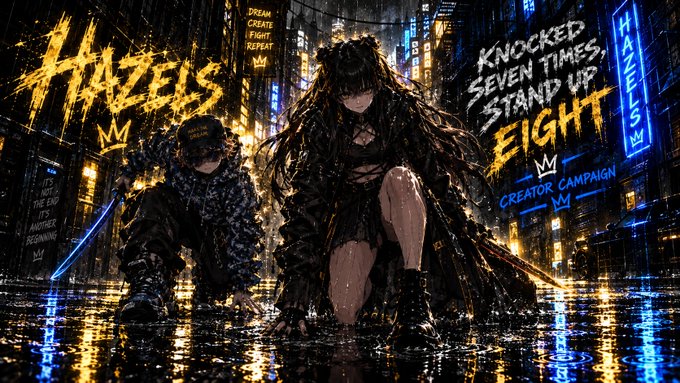 Promotional artwork for a creator campaign titled 'HAZELS' with the tagline 'KNOCKED SEVEN TIMES STAND UP EIGHT', featuring two dark-haired figures in a rainy neon-lit cityscape.