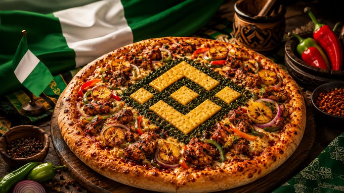iced pizza with green and yellow toppings, a diamond pattern, and a flag design on the crust is served on a wooden board.