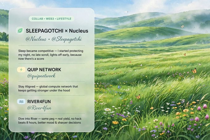 A 'COLLAB · WEB3 · LIFESTYLE' infographic set against a painted meadow background lists projects: 'SLEEPAGOTCHI x Nucleus,' 'QUIP NETWORK,' and 'RIVER4FUN,' each with their handles and short descriptions.