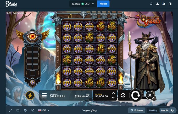 A screenshot of the "Odin's Vault" slot game on Stake.com, showing a balance of $499,322.21 with a $299,166.00 win and a maximum bet of $3,000.00. The image features the Norse god Odin on the right side of the game board, reinforcing the post's claim about the Valkyrie X Studio game performing well on the Stake platform.