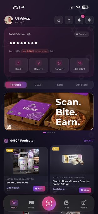 A smartphone screenshot of the USVdApp dashboard shows a 'Total Balance' secured view, with a portfolio section featuring products like a 'Smart Coffee Cup' from Ultra Smart Validator and 'Biscuit Born Winner - Cookies Cream 100 gr' from Nutrafit Distributions SRL.
