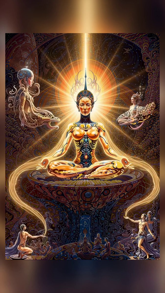 The image features a painting of a woman sitting cross-legged with her hands resting on her knees, surrounded by other figures that appear to be floating or flying through space. The background of the painting is dark blue, which contrasts with the bright yellow figure in the center and adds depth to the scene. The post also mentions "A Path Without End" as a reference to the artwork.
