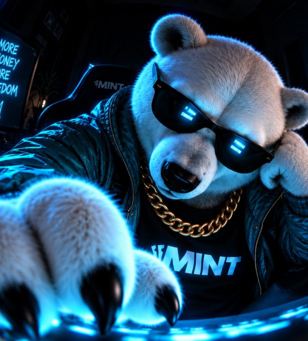 A digital illustration of a bear wearing sunglasses and a gold chain, dressed in a leather jacket and a t-shirt with 'MINT' branding. The bear is depicted with a cool, hip-hop aesthetic with blue lighting effects.