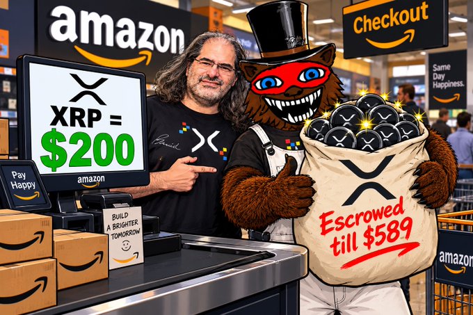 A man stands at an Amazon checkout beside a costumed mascot holding a sack of XRP coins labeled "Escrowed till $589," with a register display showing "XRP = $200" and a sign reading "BUILD A BRIGHTER TOMORROW," visually reinforcing the post's claim about Joel Katz hinting at XRP's potential rise from $79.99 to $200 overnight and reaching $300–$589 by 2026.