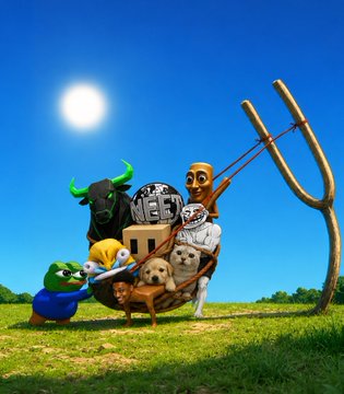 The image shows an eclectic group of characters—including a bull, a golden-masked figure, a football helmet, a llama, a frog, and a pug—taking aim at a shooting range target setup, symbolically representing various "targets" in a playful, meme-style scene that ties to the "Raise your targets" theme.