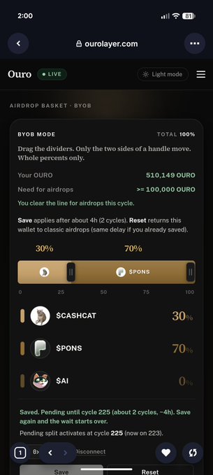 A mobile screenshot from ourolayer.com displays an 'AIRDROP BASKET' interface with sliders for $CASHCAT (30%) and $PONS (70%).