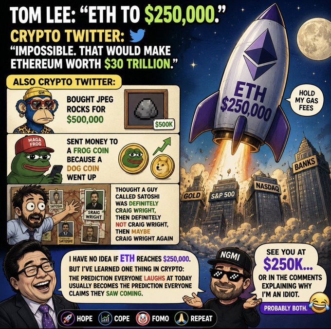 The image features two men with the caption "Tom Lee'eth to $250,000." A cartoon graphic includes several coins of various values and types, including one that has a rocket ship labeled "ETH". Another coin is depicted as a frog. There are also other coins included in the image, adding depth to the overall scene. The post suggests that there is money involved in this transaction.