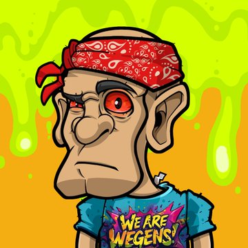 The image features a cartoon character wearing a bandana, t-shirt with "We are Wegens" written on it, and has a sad expression. The background of the image is green with splatters of yellow paint, giving it an artistic and vibrant appearance. The caption below the image reads "Exciting Giveaway Alert! As we gear up for our big move to ETH, we’re thrilled to announce an epic giveaway! You could win the stunning Wegen and Wegenette couple!".