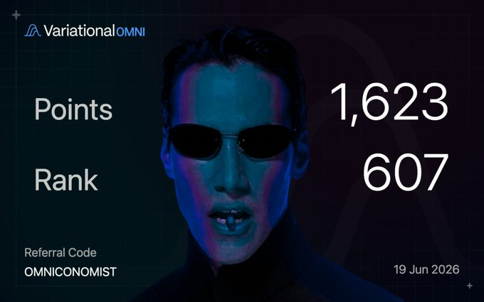 The image shows a person wearing sunglasses, with their face partially visible behind them. The background of the image is dark blue, which contrasts with the person's face. There are two lines of text at the top of the image that read "OMNICONOMI" and "referral code". At the bottom of the image, there is a list of points for the person to achieve in order to receive an A-grade. The person has already achieved 1, Nakt63 points, which are equal to 607 points.