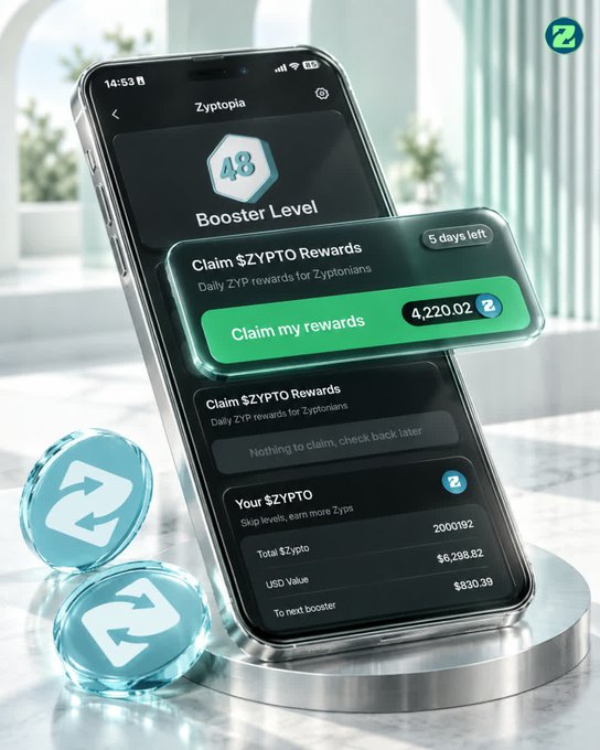 Promotional graphic for the Zypto app showing a smartphone displaying a 'Booster Level 48' reward claim screen for 4,220.02 ZYPTO tokens, alongside Z tokens.