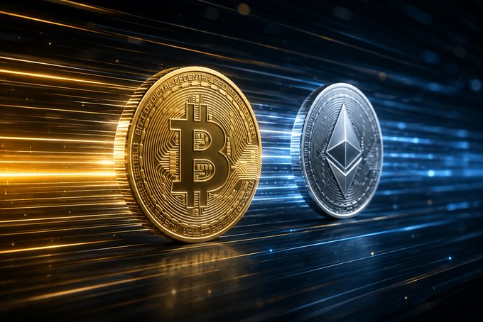 A digital rendering of a golden Bitcoin and a silver Ethereum coin floating against streaks of orange and blue light on a dark background.