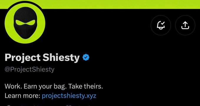 The image shows a social media profile for "Project Shiesty" (@ProjectShiesty) with a black ninja-style logo on a neon green background and the tagline "Work. Earn your bag. Take theirs." along with a link to projectshiesty.xyz. This relates to the post by highlighting the Project Shiesty NFT collection being advertised as a free mint on Robinhood with a 3,333 supply.