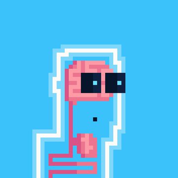 A pixel art illustration of a pink-skinned character with large blue sunglasses, white hair, and visible internal organs (heart and intestines) against a light blue background, relating to the post's playful showcase of freshly minted NFTs from BITFOOTS and JPEG Frenz collections.