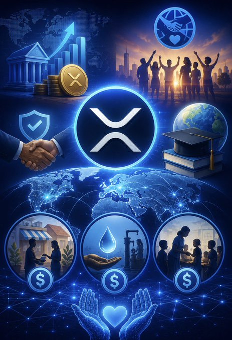 The image showcases the Ripple (XRP) logo at the center, surrounded by symbols of global impact including hands shaking for partnership, a graduation cap for education, clean water, charitable giving, and community support—visually reinforcing Ripple's $70 million+ contribution to global blockchain adoption and $15 million RLUSD donation to the Accion Opportunity Fund for underserved American entrepreneurs.