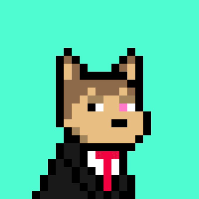 A pixel art character resembling a dog or fox with brown and tan coloring, wearing a black suit with a red tie, displayed against a teal/green background.
