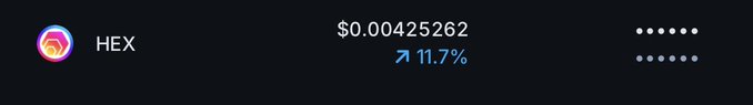 Crypto ticker showing HEX token at $0.00425262, up 11.7%.