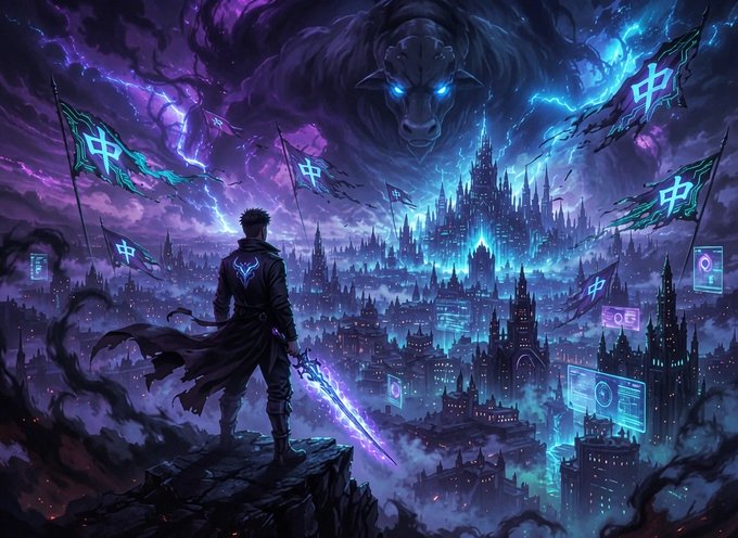 A fantasy digital artwork depicting a warrior holding a glowing sword standing on a cliff, overlooking a dark purple and blue cityscape with a giant demonic figure with glowing blue eyes looming in the sky above.