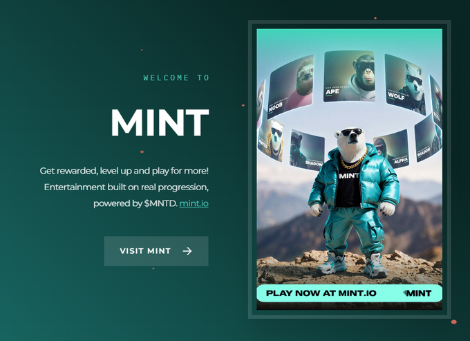 A promotional banner for 'MINT' featuring a 3D-rendered bear character in sunglasses and a teal puffer jacket standing on a mountain peak, with circular icons of animals like NOOB, APE, and WOLF, and text reading 'Welcome to MINT - Get rewarded, level up and play for more!'.