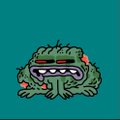 Cartoon illustration of a green brain-like creature with arms, legs, and a wide mouth showing teeth against a teal background.