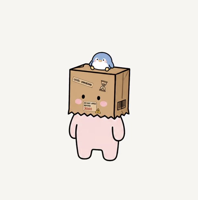 A cute pink character wears a cardboard box on its head with labels reading 'LEVEL: UNKNOWN' and 'DO NOT OPEN BEFORE 3000', with a small penguin perched on top.