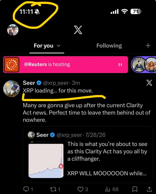 A mobile screenshot of the X app showing the time 11:11, with a tweet from @xrp_seer that reads 'XRP loading... for this move. Many are gonna be left up after the current Clarity Act news. Perfect time to leave them behind out of nowhere.'