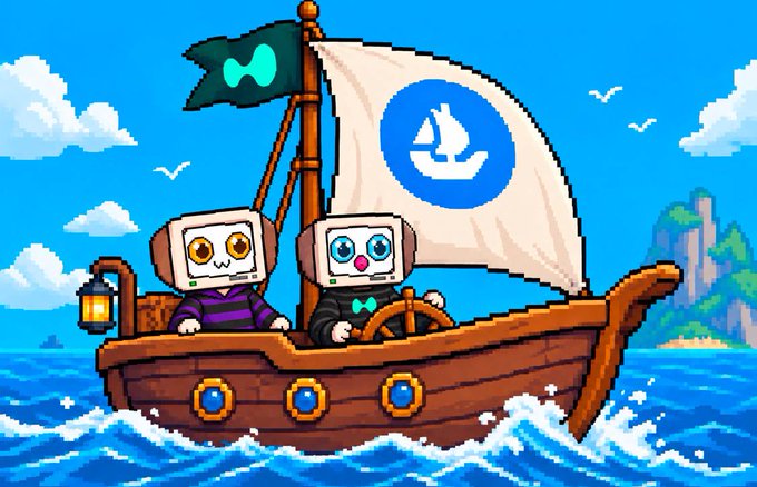 A pixel art illustration of two robot-like characters sailing a wooden ship on the ocean, with a sail displaying a sailboat logo and a dark flag bearing a teal bowtie symbol.