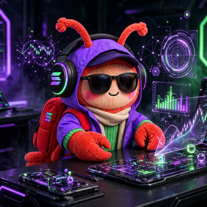 A plush toy character wearing sunglasses, headphones with a logo, and a purple hoodie, sitting at a futuristic glowing tech setup.