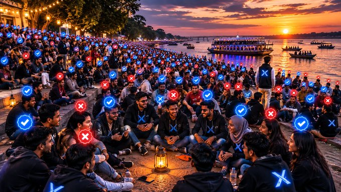 A crowd of people gathered by a waterfront at sunset with boats in the background, overlaid with glowing blue checkmark and red X icons floating above the scene.