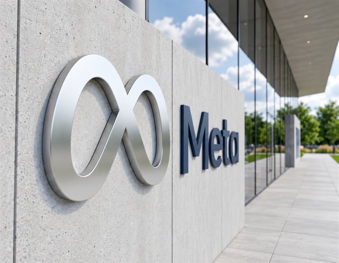 The image shows the Meta logo and name displayed in metallic silver lettering on a concrete wall outside a modern corporate building, visually representing the company behind ticker $META, which is highlighted in the post as the most bought tokenized stock on Robinhood Chain with approximately $4.55M in onchain trading volume over the last 24 hours.