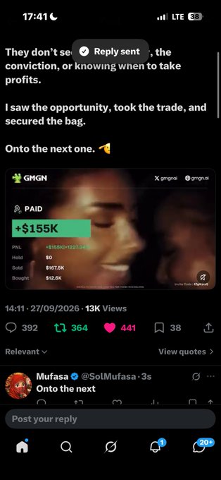 A Twitter/X screenshot displays a post about a stock trade resulting in a +$155K gain, with the user mentioning they saw the opportunity and secured the bag.