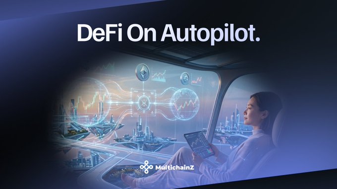A futuristic promotional banner reading "DeFi On Autopilot." showing a woman in white clothing holding a tablet inside a high-tech vehicle overlooking a neon-lit futuristic city, with the "MultichainZ" branding at the bottom.