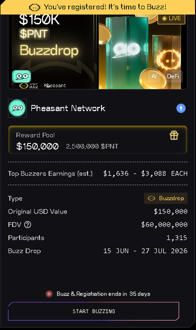 The image shows a mobile phone screen with various details about a new Buzzdrop contest, which has attracted the attention of users around the world. It displays information about the contest, including its name (Buzzdrop), creator (Pheasant Network), prize pool amount (2.5M $PNT), and other relevant details. 
 Users can access this information by scanning or typing "Buzzdrop" on the phone screen, which will display a list of details for them to review. The contest also has an interesting feature that allows participants to win real money in prizes from Buzzdrops (a social media currency).
