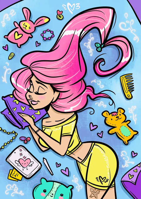 Vibrant cartoon illustration of a girl with voluminous pink hair blowing a heart, wearing yellow clothing, surrounded by cute accessories like a bunny plush, teddy bear, phone, and hearts on a light blue background.
