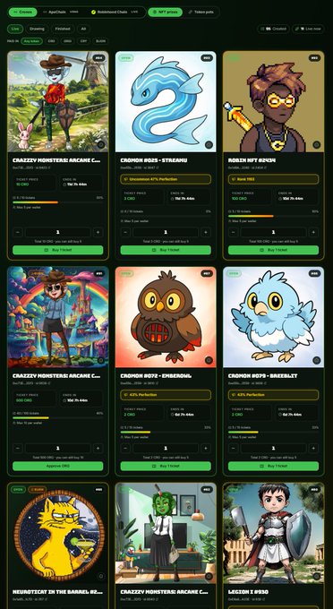 A screenshot of a digital collectibles marketplace displaying a grid of NFT cards featuring characters like 'CRAZZY MONSTERS!', 'CNDHO#0025 - STREAMU', 'ROBCN NFT 604530', and 'LEGS#241 P #50'.