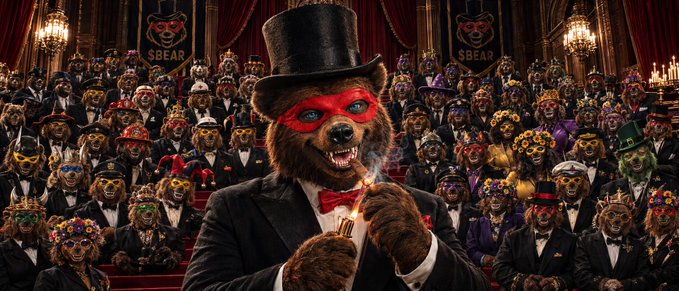 A digital artwork depicting a bear wearing a top hat, red mask, and bow tie, lighting a cigar, surrounded by a crowd of anthropomorphic animal spectators in a formal setting with '5BEAR' banners.