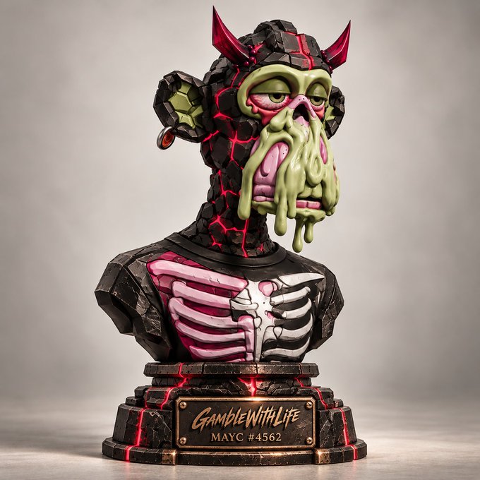 A detailed bust sculpture of a horned, zombie-like character with cracked dark skin revealing red lava underneath and green slime dripping from its mouth, displayed on a base labeled 'GambleWithLife MAYC #4562'.
