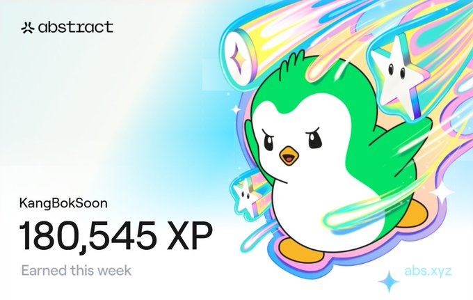 A cheerful green penguin mascot with stars and colorful cosmic swirls is featured alongside the Abstract logo, displaying "KangBokSoon 180,545 XP Earned this week," celebrating the user's impressive XP earnings on the Abstract Chain.