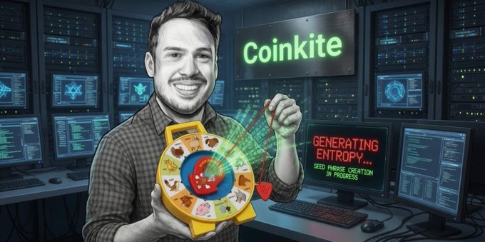 A smiling man holds a colorful spinning prize wheel and a red tassel in a server room labeled "Coinkite," with a monitor displaying "GENERATING ENTROPY... SEED PHRASE CREATION IN PROGRESS," humorously illustrating the post's joke that complex crypto security theatrics could be replaced by simply using a child's toy wheel to generate entropy.
