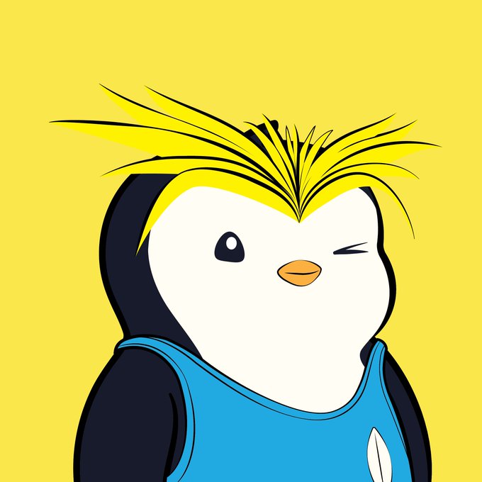 A cartoon penguin with a spiky yellow mohawk, winking, and wearing a blue shirt against a yellow background.