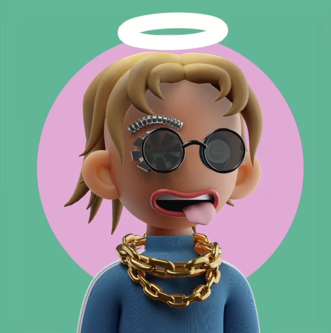 A 3D-rendered character with blonde hair, round sunglasses, a gold chain, and a white halo floats with their tongue out against a pink circle and green background.