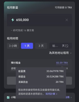 A TRX rental interface showing 650,000 rental amount for 1 day, with an estimated 16 transactions, and a total expected return of 33.067978 TRX including 30.524288 TRX energy fee and 20 TRX bandwidth fee.