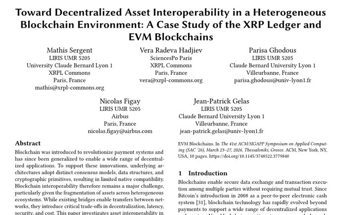 The title page of an academic paper titled 'Toward Decentralized Asset Interoperability in a Heterogeneous Blockchain Environment: A Case Study of the XRP Ledger and EVM Blockchains' by Mathis Sergent, Vera Radeva Hadjiev, Parisa Ghodous, Nicolas Figay, and Jean-Patrick Gelas.