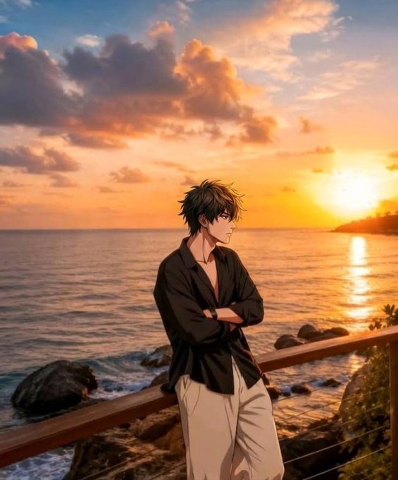 Anime-style illustration of a young man with dark hair wearing a black shirt and beige pants, standing by a railing overlooking the ocean at sunset.