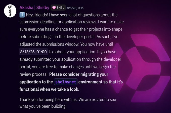 A Discord message from 'Akasha | Shelby' dated 8/5/26 announces an extended application submission deadline of 8/13/26, 01:00, requesting migration to the shelbynet environment.