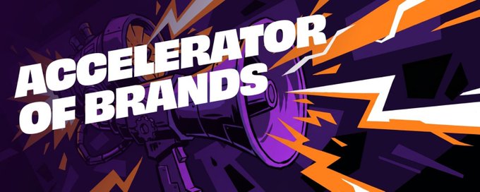 The image is a bold, comic-style graphic with the text "ACCELERATOR OF BRANDS" in large white letters set against a dark purple background featuring dynamic orange and yellow energy bursts emanating from what appears to be a rocket or cannon illustration.

The graphic visually reinforces the post's message about RallyOnChain by using the "Accelerator of Brands" tagline as a metaphor—suggesting that effective marketing, like a rocket, propels brands forward not through volume but through impactful, quality-driven communication.